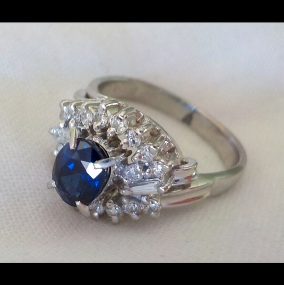 Platinum Royal Blue Genuine Sapphire Diamond Ring I - Picture 3 of 4